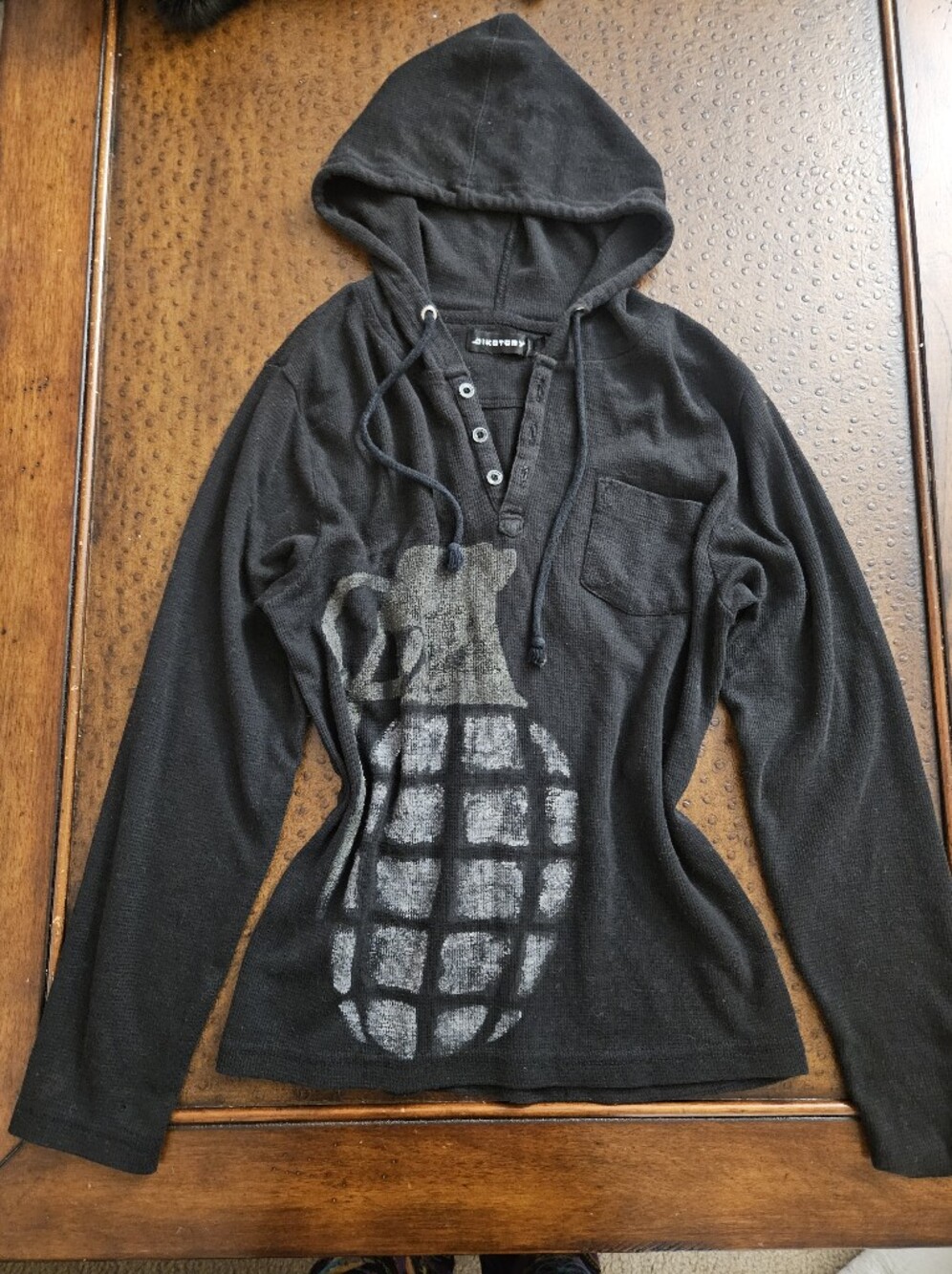 Y2k Grunge Long Sleeve Waffle Knit Hooded Skull Grenade Henley Top
